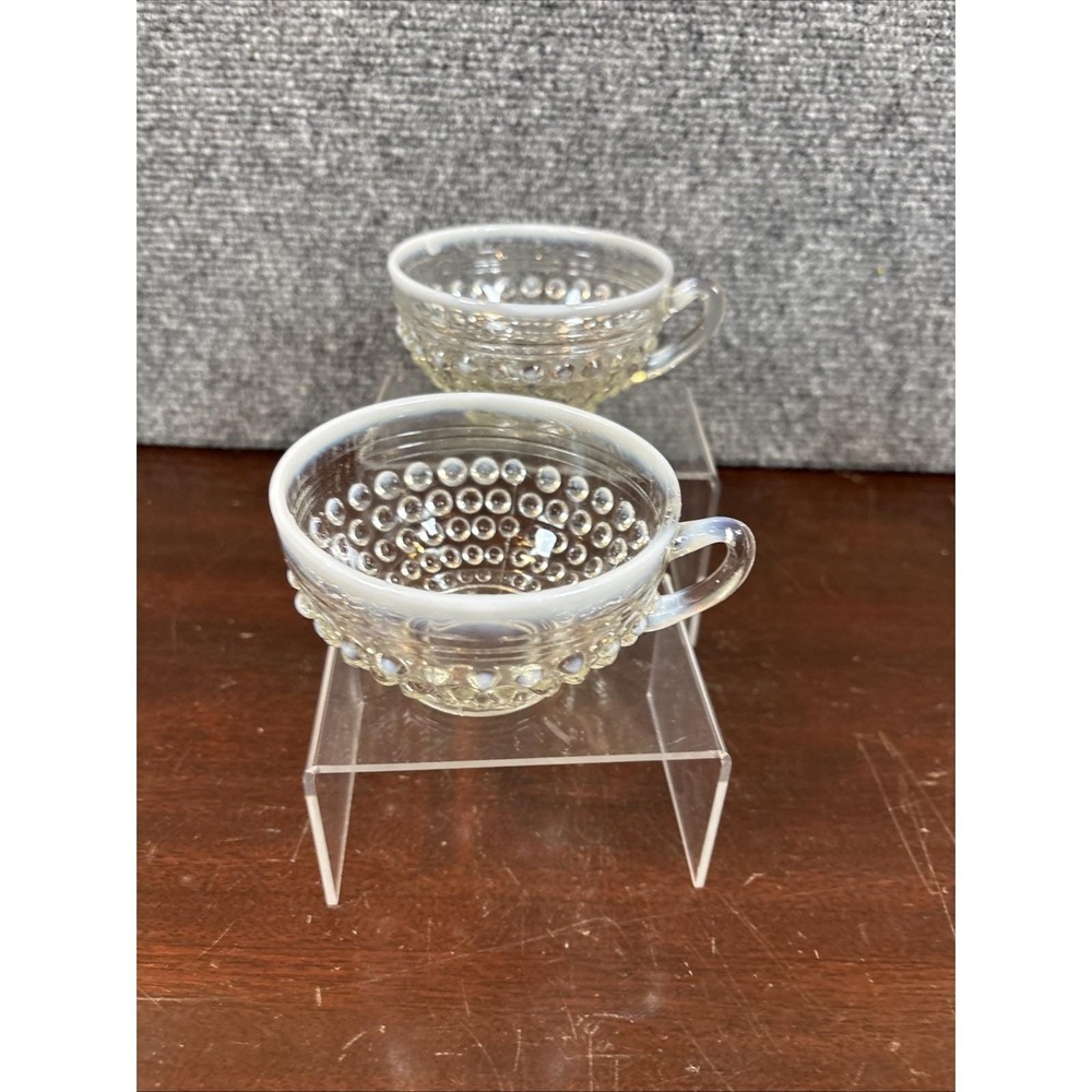 2~Vtg~Anchor Hocking Moonstone Opalescent Hobnail Coffee/Tea Cups